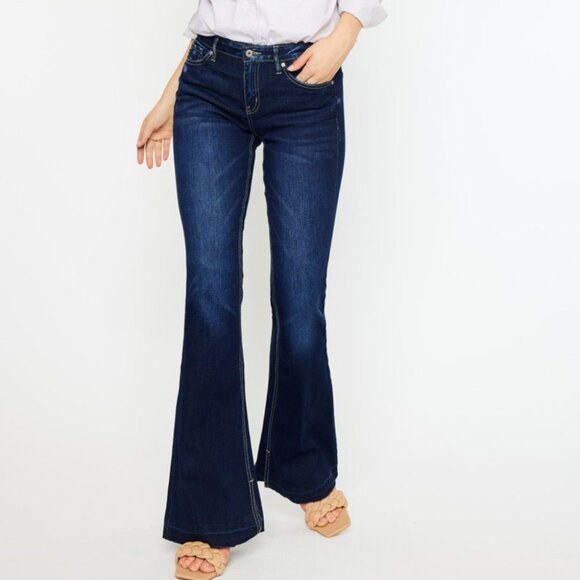 Kancan Mid Rise Dark Wash Raw Hem Slim Flare Jeans KC7315D - Picture 1 of 16